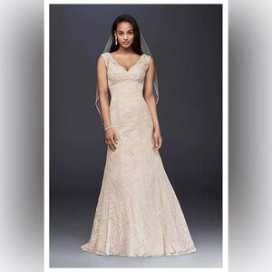 All over beaded lace trumpet wedding dress